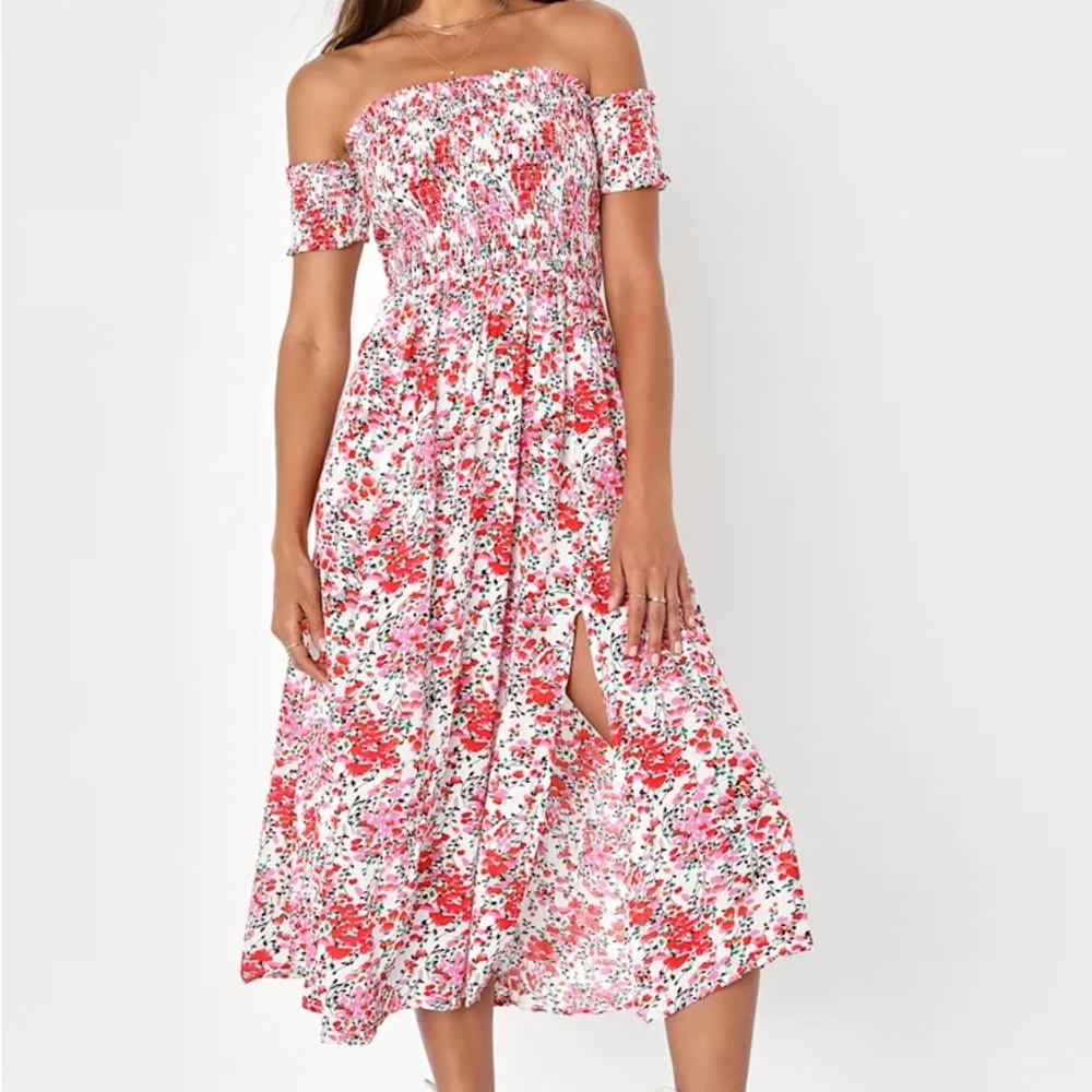 Lulu's View from the Meadow Cream Floral Print Off-the-Shoulder Dress